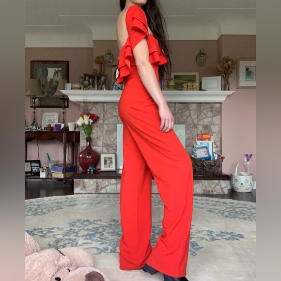 Revamped Coral Red Ruffled Jumpsuit - Picture 3 of 13